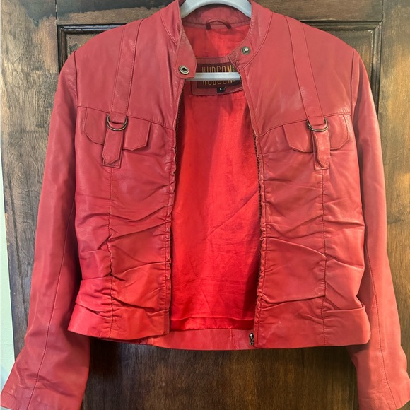 Hudson Leather vintage red ruched motorcycle jacket Size Large - Picture 6 of 10